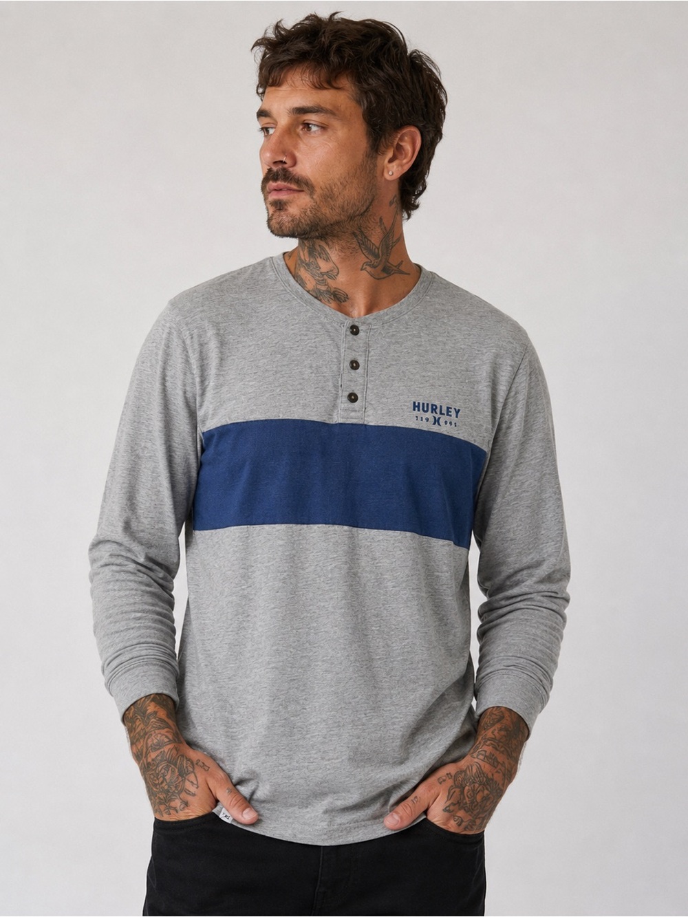 Hurley Mens Medium Henley Shirt Gray Blue Cotton Blend Long Sleeve Casual